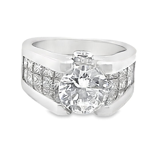 14K WHITE GOLD CZ CENTER (8.5MM RBC) 2.60 CT NATRUAL CUT ACCENT 2 ROWS OF PRINCESS CUT INVISIBLE SET RING