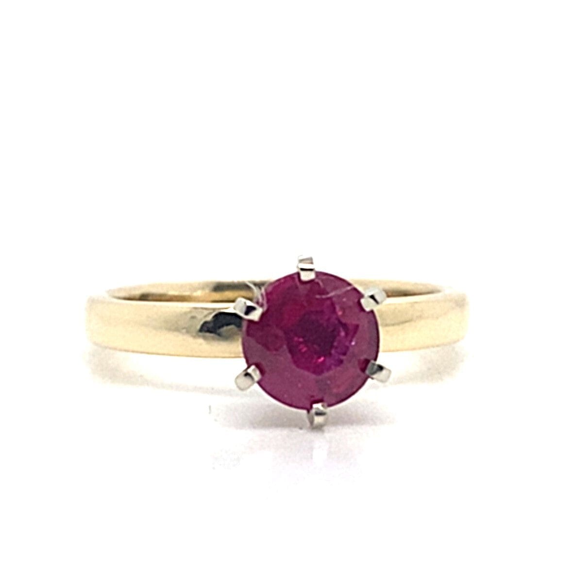 14K YELLOW GOLD .73CT ROUND BRILLIANT NATURAL RUBY A QUALITY 2.5MM WIDE SOLITAIRE STYLE RING