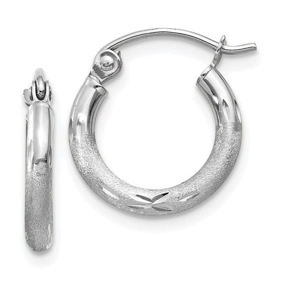 14K WHITE GOLD SATIN DIAMOND CUT 2 MM HOOP EARRINGS