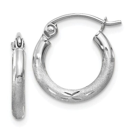 14K WHITE GOLD SATIN DIAMOND CUT 2 MM HOOP EARRINGS