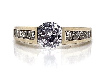 14K WHITE GOLD CZ CENTER (6.5 MM RBC) .55TW NATURAL ROUND BRILLIANT DIAMOND ACCENT CHANNEL SET CENTER STYLE RING