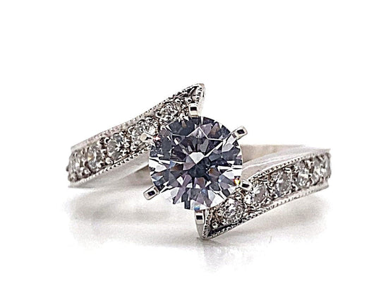 14K WHITE GOLD CZ CENTER (6.5MM RBC) .60 CT TW NATURAL ROUND BRILLIANT ACCENT BYPASS MILLGRAIN PAVE STYLE RING