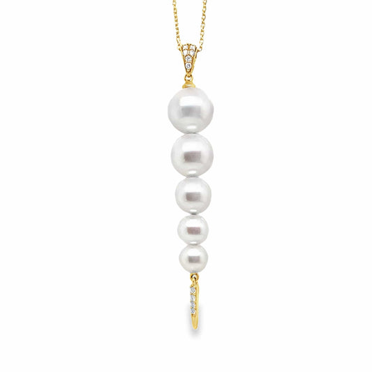 18K YELLOW GOLD 5-9 MM PEARLS .03 CT TW NATURAL DIAMOND DROP PENDANT WITH 18" CABLE CHAIN