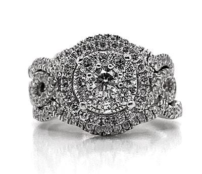 14K WHITE GOLD 1.50 CT TW NATURAL DIAMOND CLUSTER CENTER WITH HALO INFINITY STYLE ENGAGEMENT RING WITH TWO MATCHING DIAMOND TRACER BANDS