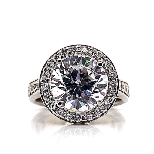 14K WHITE GOLD CZ CENTER (10 MM RBC) 1.90 CT TW NATURAL WHITE AND YELLOW ROUND BRILLIANT DIAMOND ACCENT MODERN HALO DESIGN RING WITH A SQUARE SHANK