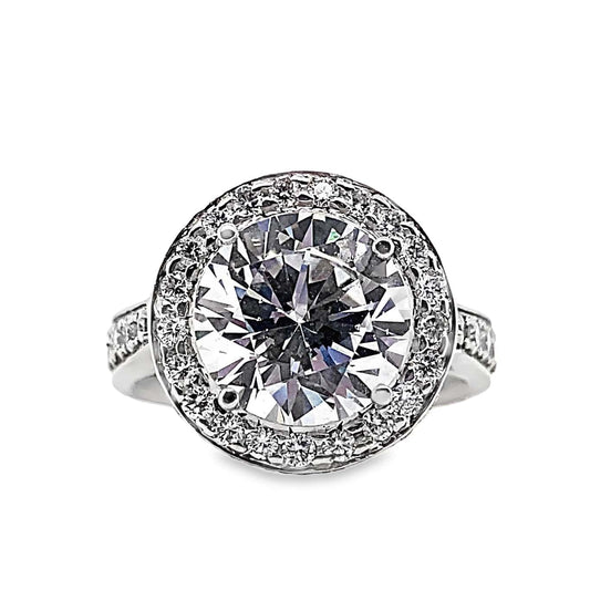 14K WHITE GOLD CZ CENTER (10 MM RBC) 1.90 CT TW NATURAL WHITE AND YELLOW ROUND BRILLIANT DIAMOND ACCENT MODERN HALO DESIGN RING WITH A SQUARE SHANK