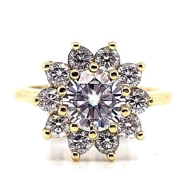 14K YELLOW GOLD 7 MM RBC MOISSANITE CENTER .70 CT TW NATURAL DIAMOND ACCENT FLOWER HALO STYLE RING