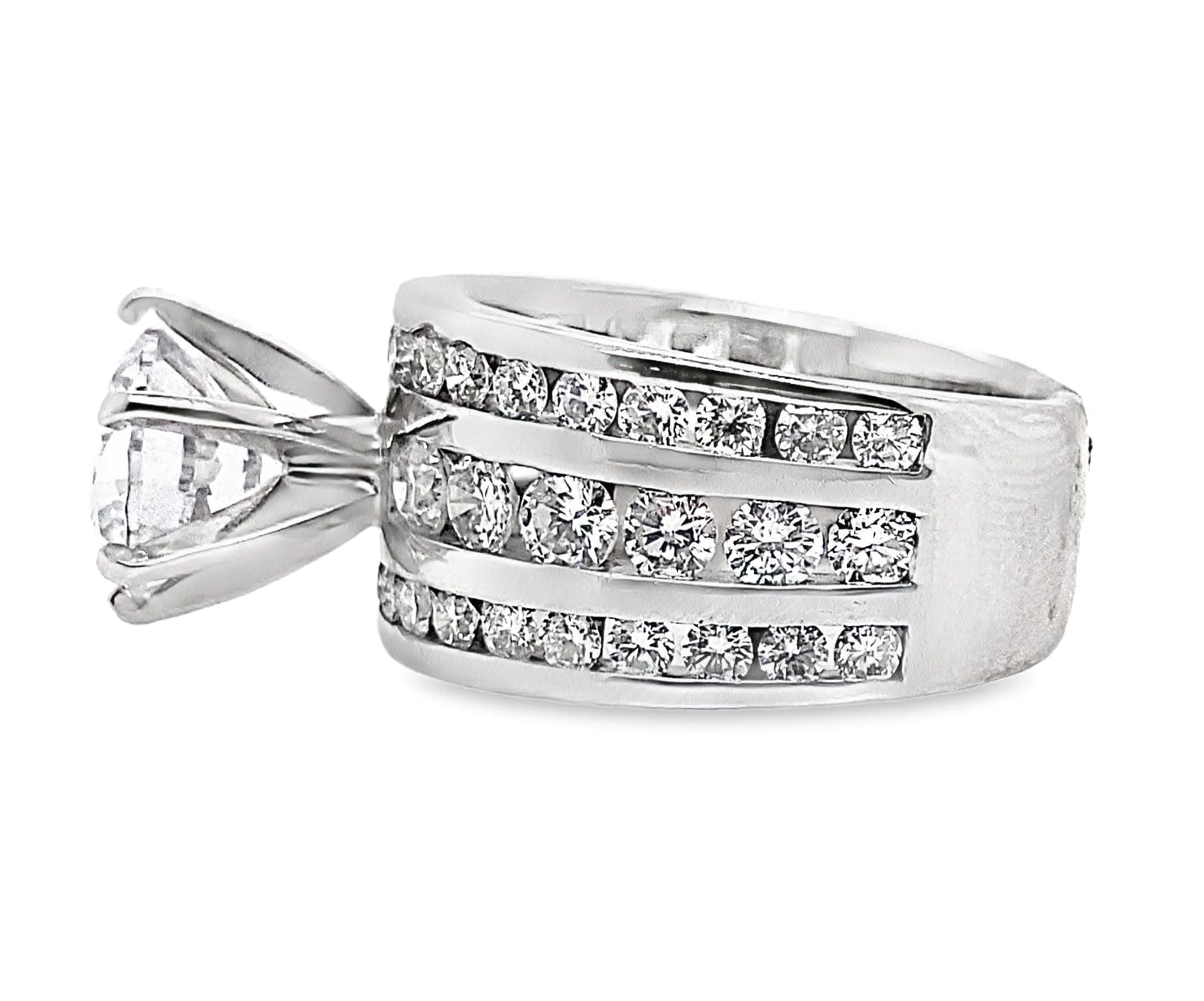 14K WHITE GOLD CZ CENTER (9 MM RBC) 2.65 CT TW NATURAL ROUND BRILLIANT DIAMOND ACCENT THREE ROW CHANNEL SET RING