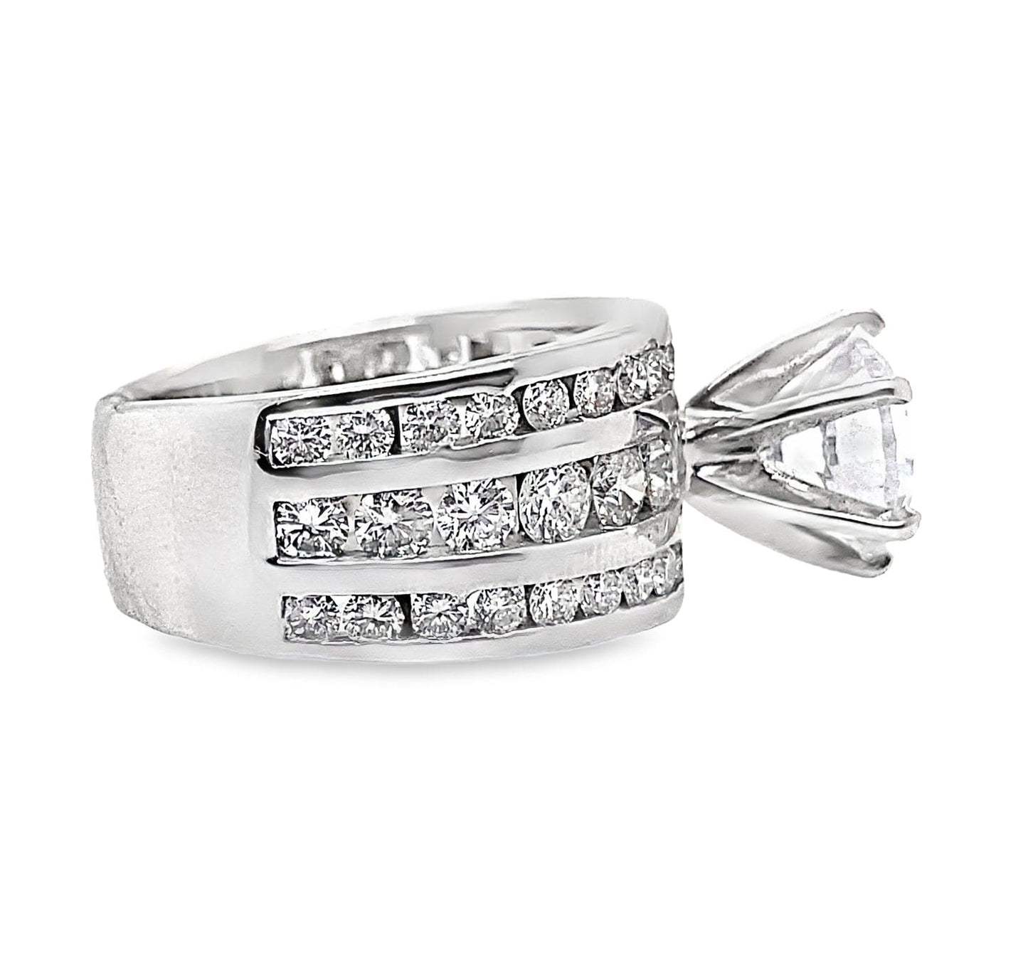 14K WHITE GOLD CZ CENTER (9 MM RBC) 2.65 CT TW NATURAL ROUND BRILLIANT DIAMOND ACCENT THREE ROW CHANNEL SET RING