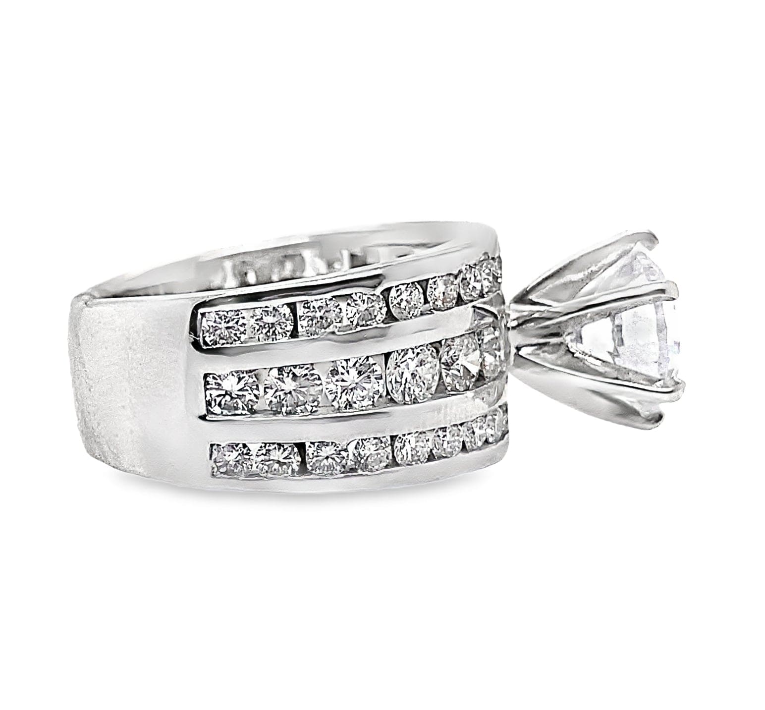 14K WHITE GOLD CZ CENTER (9 MM RBC) 2.65 CT TW NATURAL ROUND BRILLIANT DIAMOND ACCENT THREE ROW CHANNEL SET RING