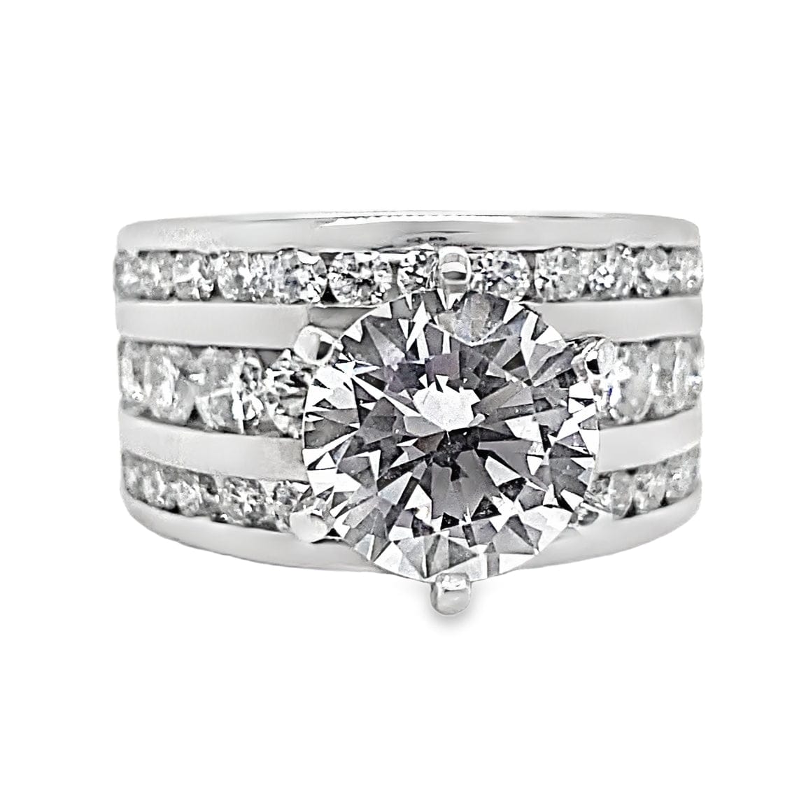 14K WHITE GOLD CZ CENTER (9 MM RBC) 2.65 CT TW NATURAL ROUND BRILLIANT DIAMOND ACCENT THREE ROW CHANNEL SET RING