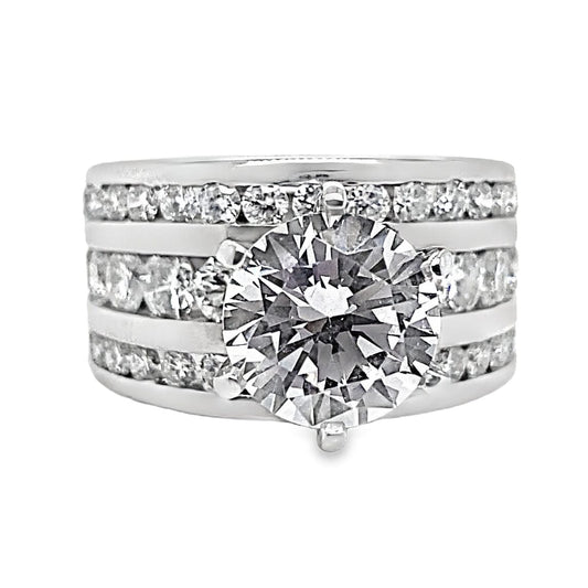 14K WHITE GOLD CZ CENTER (9 MM RBC) 2.65 CT TW NATURAL ROUND BRILLIANT DIAMOND ACCENT THREE ROW CHANNEL SET RING
