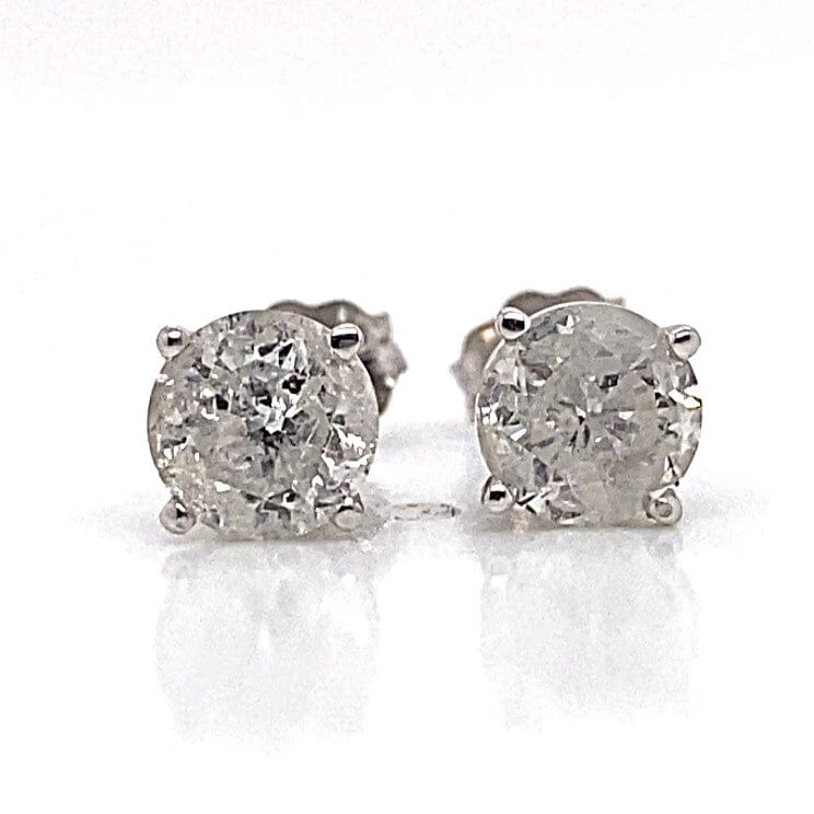 14K WHITE GOLD 1.60 CT TW NATURAL DIAMOND ROUND BRILLIANT I/I3 FOUR PRONG BASKET STYLE STUD EARRINGS