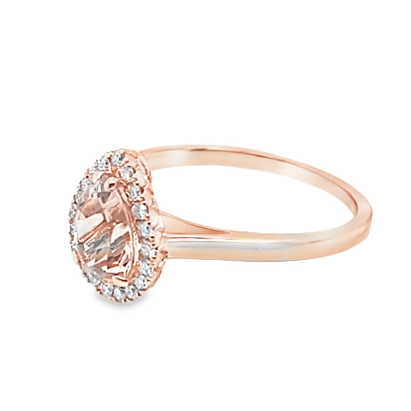 14K ROSE GOLD .96 CT PEAR MORGANITE CENTER .14 CT TW NATURAL ROUND BRILLIANT DIAMOND ACCENT RING