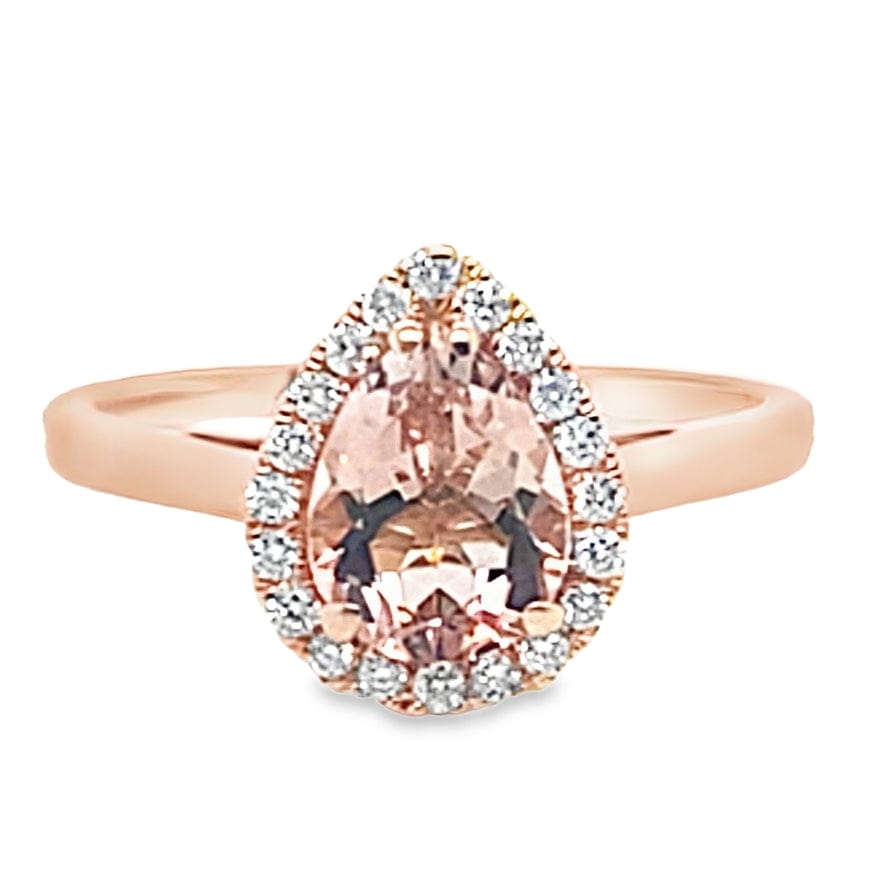 14K ROSE GOLD .96 CT PEAR MORGANITE CENTER .14 CT TW NATURAL ROUND BRILLIANT DIAMOND ACCENT RING