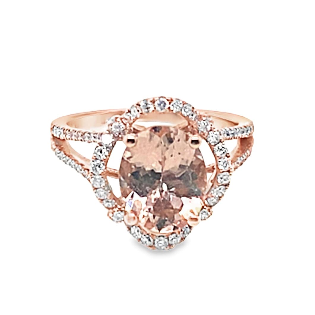 14K ROSE GOLD 2.10 CT OVAL MORGANITE .55 CT TW NATURAL ROUND BRILLIANT DIAMOND ACCENT RING