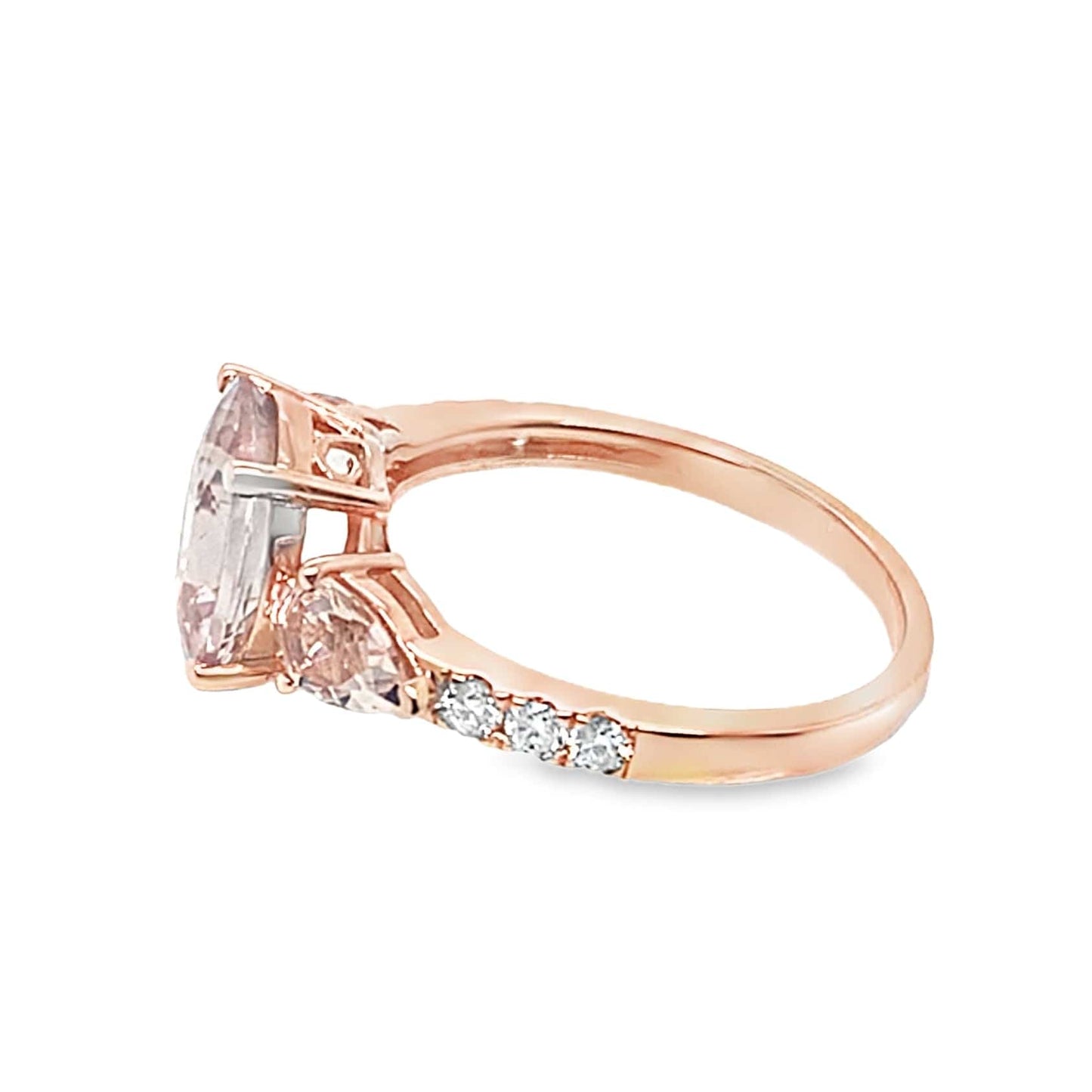 14K ROSE GOLD 2.91 CT TW OVAL MORGANITE CENTER WITH PEAR MORGANITE ACCENT .15 CT TW NATURAL ROUND BRILLIANT DIAMOND ACCENT RING