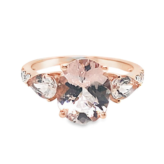 14K ROSE GOLD 2.91 CT TW OVAL MORGANITE CENTER WITH PEAR MORGANITE ACCENT .15 CT TW NATURAL ROUND BRILLIANT DIAMOND ACCENT RING