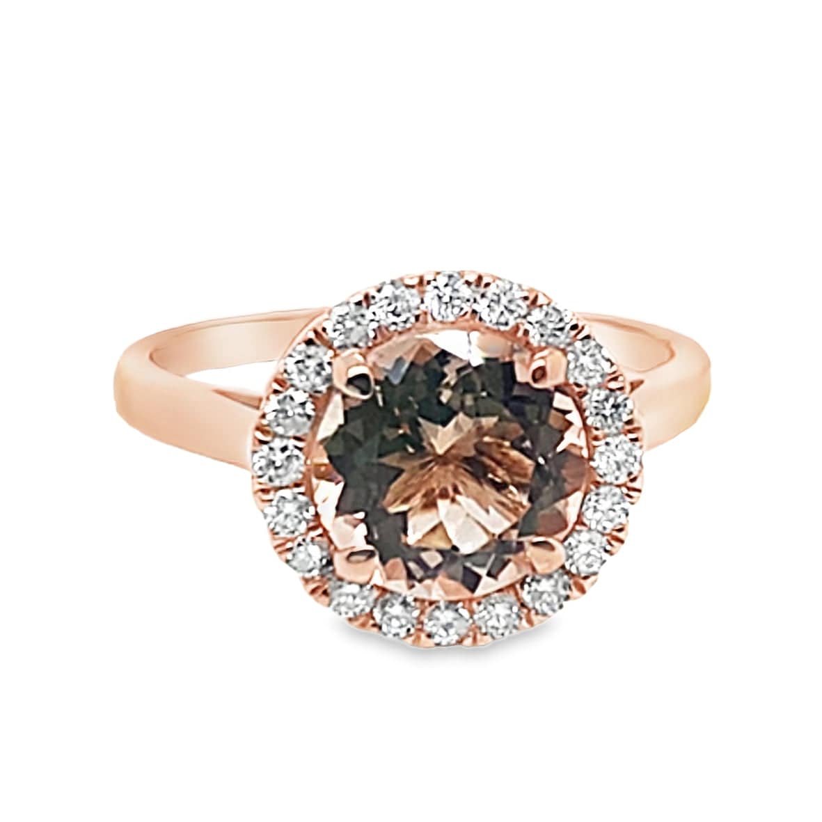 14K ROSE GOLD 1.77 CT MORGANITE CENTER .25 CT TW NATURAL ROUND BRILLIANT DIAMOND ACCENT RING