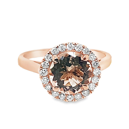 14K ROSE GOLD 1.77 CT MORGANITE CENTER .25 CT TW NATURAL ROUND BRILLIANT DIAMOND ACCENT RING