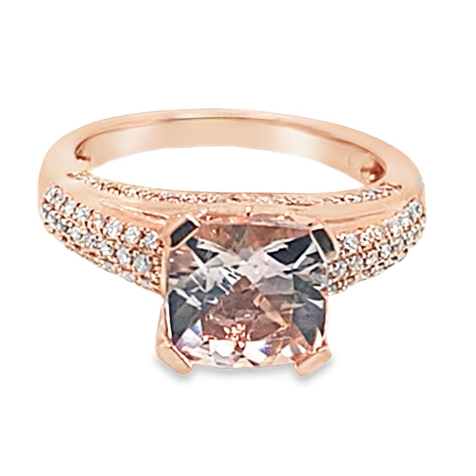 14K ROSE GOLD 2.20 CT CUSHION CUT MORGANITE CENTER .39 CT TW NATURAL ROUND BRILLIANT DIAMOND ACCENT RING