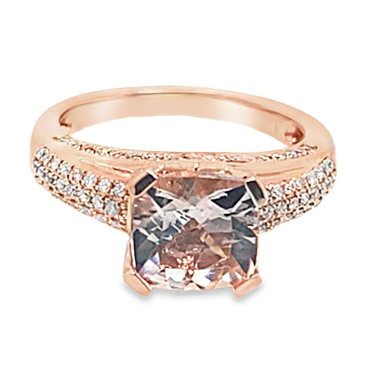 14K ROSE GOLD 2.20 CT CUSHION CUT MORGANITE CENTER .39 CT TW NATURAL ROUND BRILLIANT DIAMOND ACCENT RING