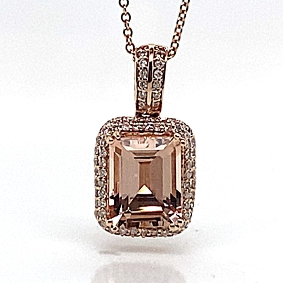 14K ROSE GOLD 2.29 CT EMERALD CUT MORGANITE CENTER .32 CT TW NATURAL ROUND BRILLIANT DIAMOND ACCENT PENDANT WITH CHAIN