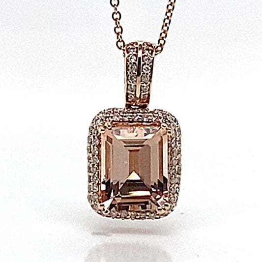 14K ROSE GOLD 2.29 CT EMERALD CUT MORGANITE CENTER .32 CT TW NATURAL ROUND BRILLIANT DIAMOND ACCENT PENDANT WITH CHAIN