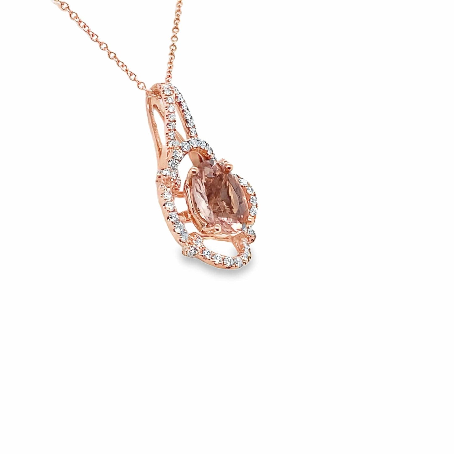 14K ROSE GOLD 2.25 CT OVAL MORGANITE CENTER .44 CT TW NATURAL ROUND BRILLIANT DIAMOND PENDANT WITH CHAIN
