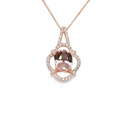 14K ROSE GOLD 2.25 CT OVAL MORGANITE CENTER .44 CT TW NATURAL ROUND BRILLIANT DIAMOND PENDANT WITH CHAIN