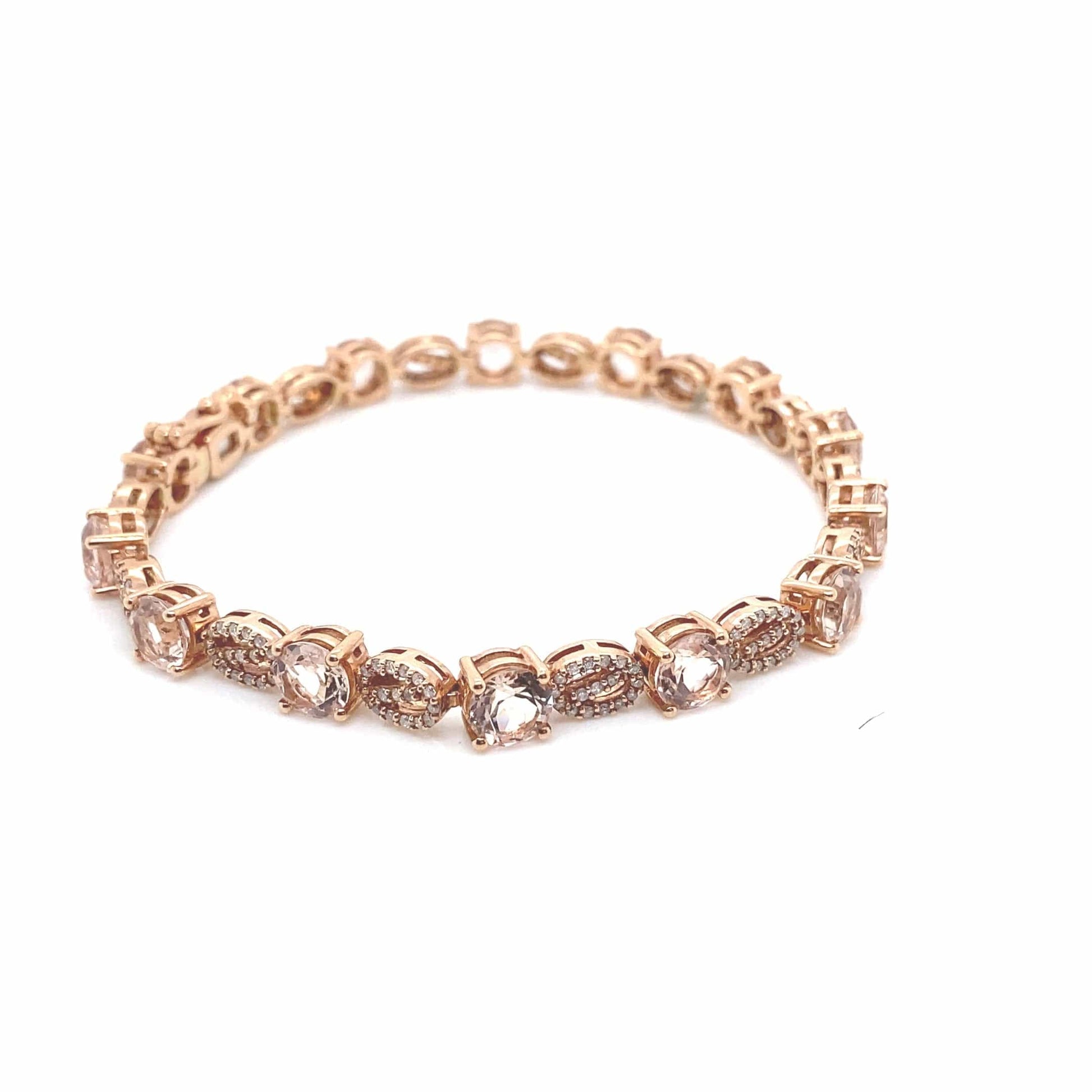 14K ROSE GOLD 10.19CT TW ROUND MORGANITE .96CT TW NATURAL ROUND BRILLIANT DIAMOND BRACELET