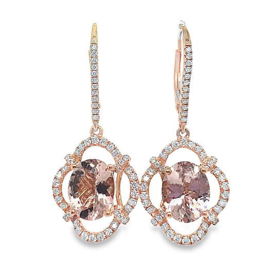 14K ROSE GOLD 4.14 CT TW OVAL MORGANITE .83 CT TW ROUND BRILLIANT DIAMOND EARRINGS