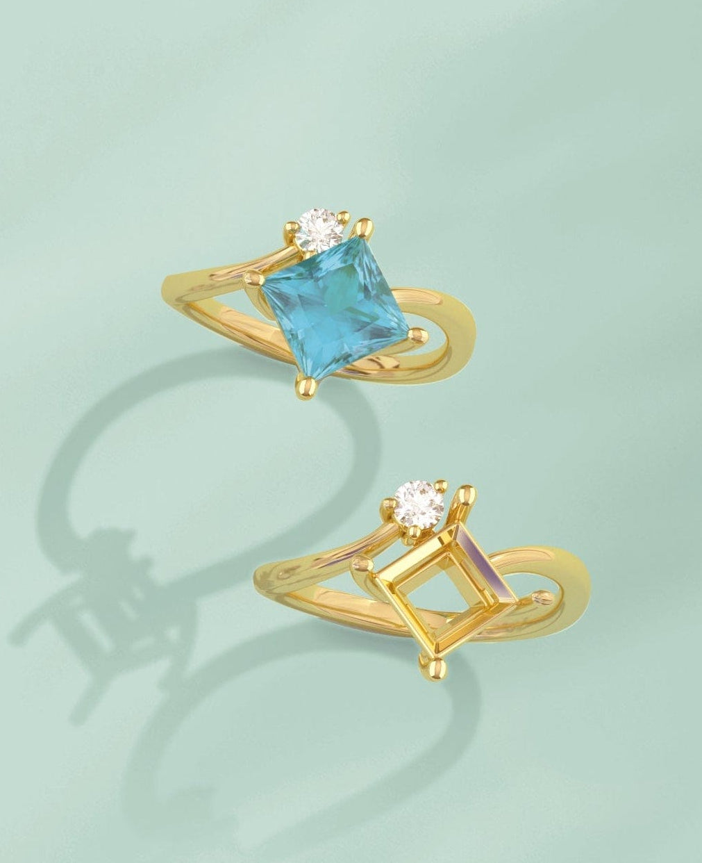 Three rings with turquoise gemstones on a light green background