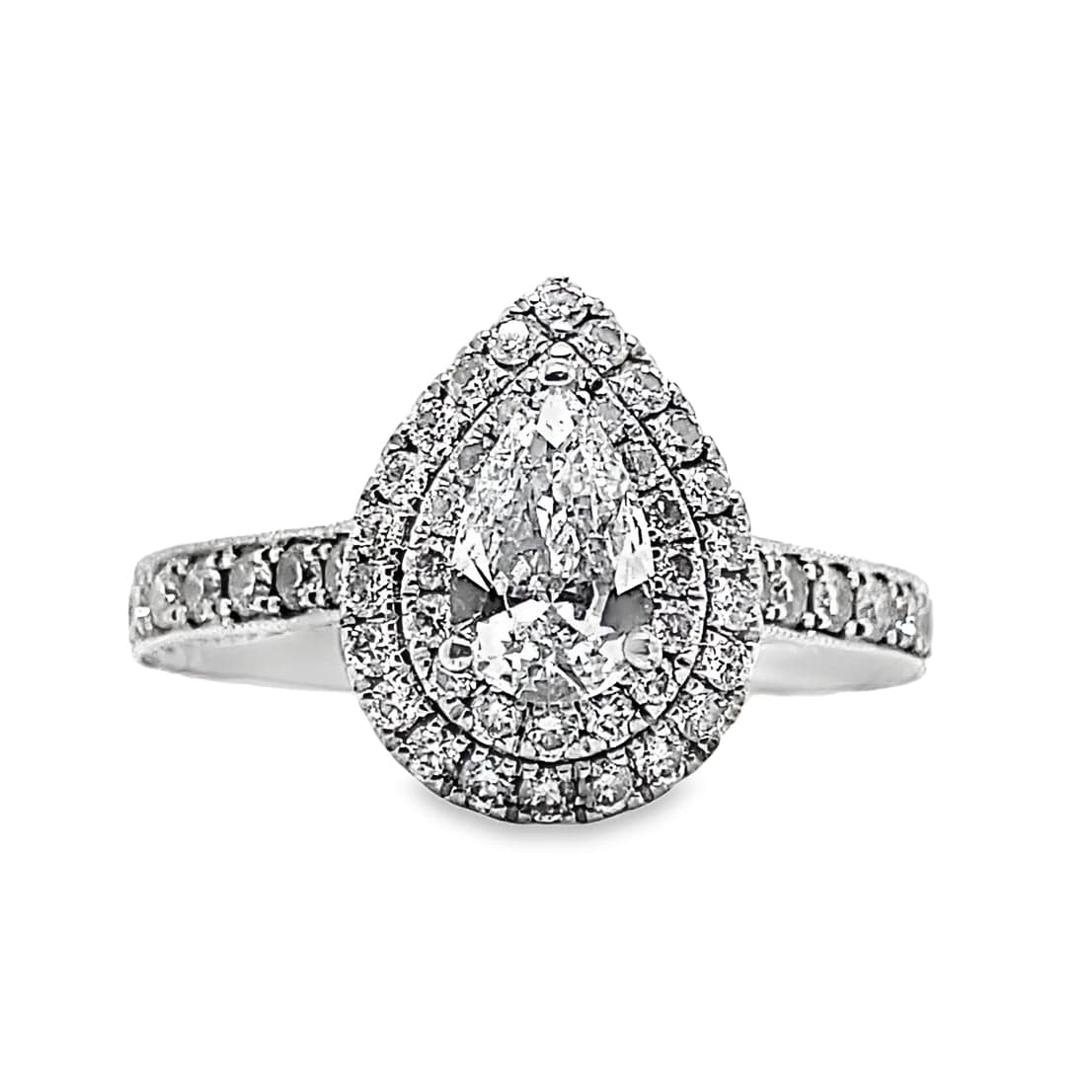14K WHITE GOLD 1/2 CT PEAR DIAMOND CENTER SI2 G-H 3/4 CT TW DIAMOND ACCENT DOUBLE HALO RING