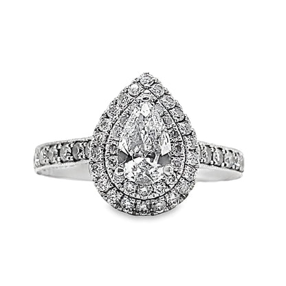 14K WHITE GOLD 1/2 CT PEAR DIAMOND CENTER SI2 G-H 3/4 CT TW DIAMOND ACCENT DOUBLE HALO RING