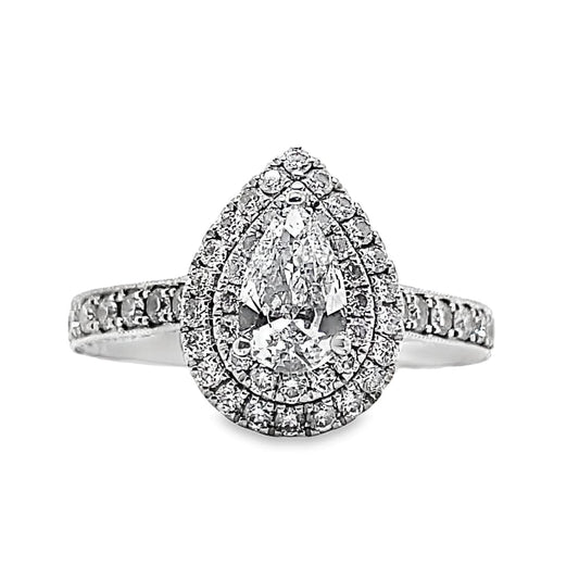 14K WHITE GOLD 1/2 CT PEAR DIAMOND CENTER SI2 G-H 3/4 CT TW DIAMOND ACCENT DOUBLE HALO RING