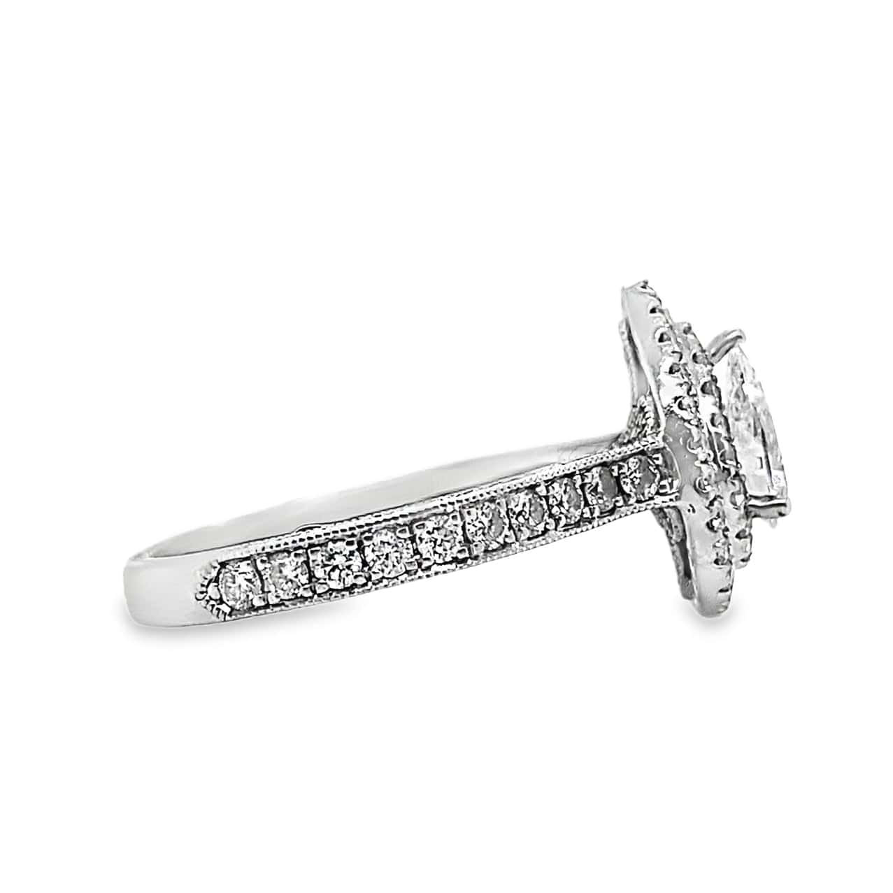 14K WHITE GOLD 1/2 CT PEAR DIAMOND CENTER SI2 G-H 3/4 CT TW DIAMOND ACCENT DOUBLE HALO RING