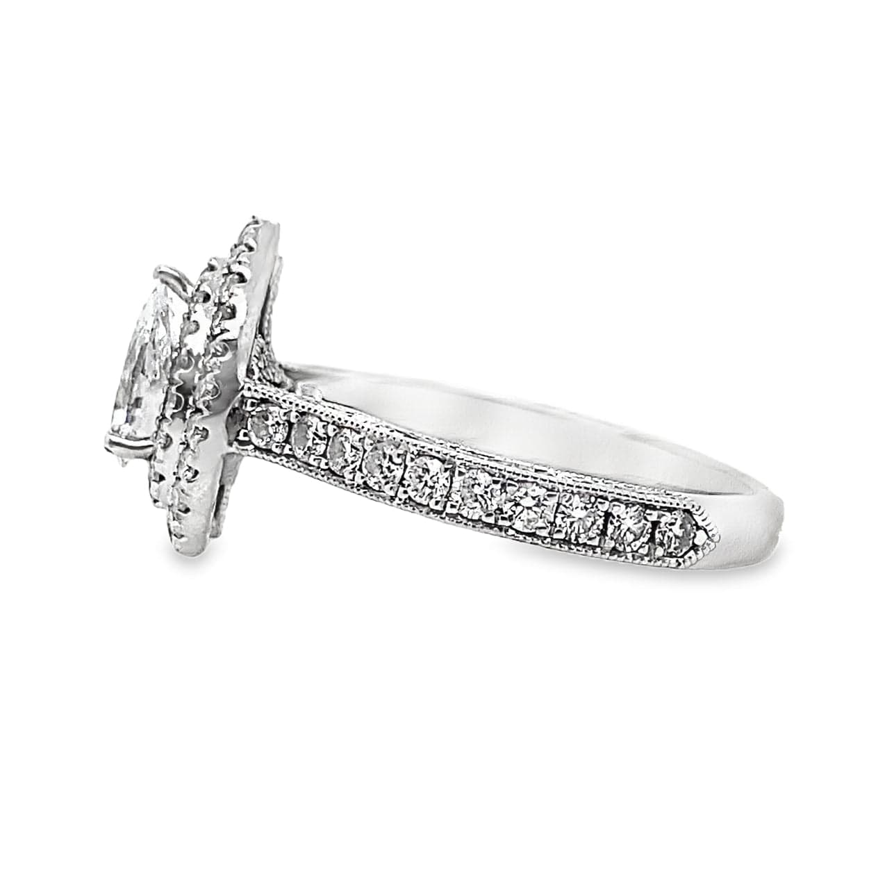 14K WHITE GOLD 1/2 CT PEAR DIAMOND CENTER SI2 G-H 3/4 CT TW DIAMOND ACCENT DOUBLE HALO RING