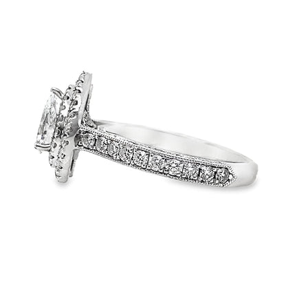 14K WHITE GOLD 1/2 CT PEAR DIAMOND CENTER SI2 G-H 3/4 CT TW DIAMOND ACCENT DOUBLE HALO RING