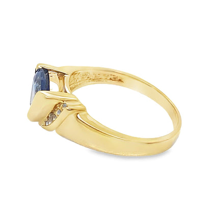 14K YELLOW GOLD 8.5 MM TRILLION CUT TANZANITE CENTER .10 CT TW NATURAL ROUND BRILLIANT DIAMOND ACCENT FASHION RING