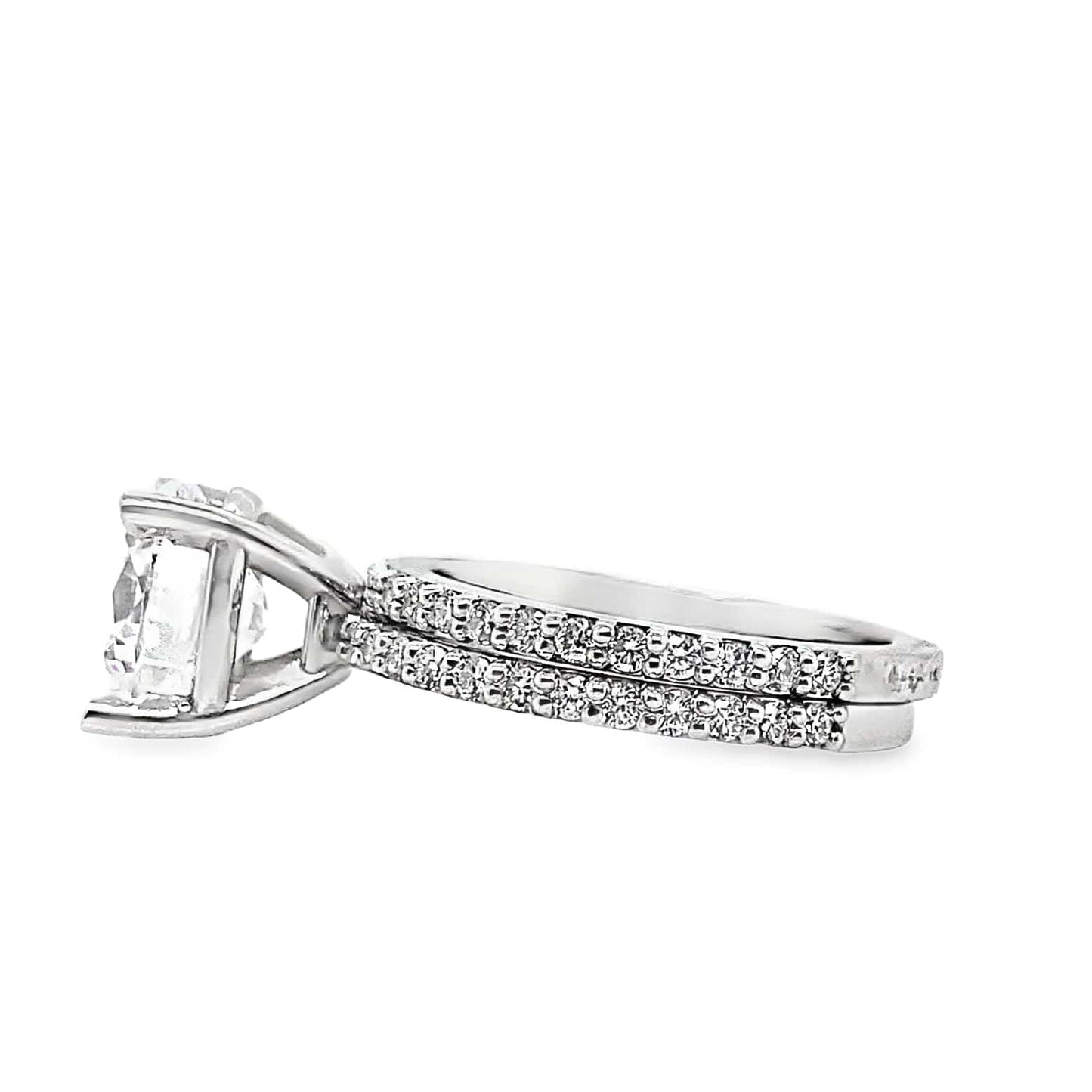 14K WHITE GOLD  CZ CENTER (9 MM RBC) .38CT TW NATURAL DIAMOND ACCENTS WITH A MATCHING .44CT TW NATURAL DIAMOND ACCENT BAND