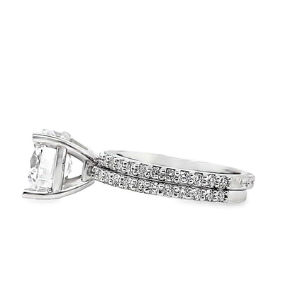 14K WHITE GOLD  CZ CENTER (9 MM RBC) .38CT TW NATURAL DIAMOND ACCENTS WITH A MATCHING .44CT TW NATURAL DIAMOND ACCENT BAND