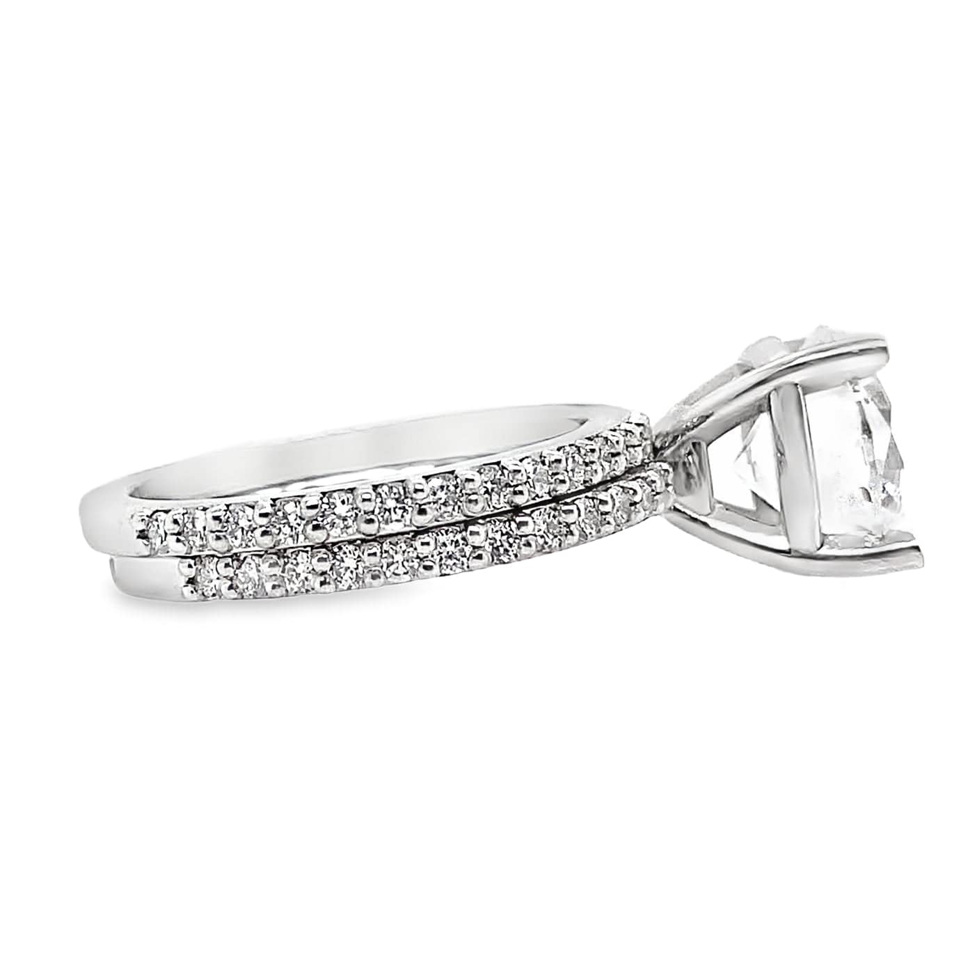 14K WHITE GOLD  CZ CENTER (9 MM RBC) .38CT TW NATURAL DIAMOND ACCENTS WITH A MATCHING .44CT TW NATURAL DIAMOND ACCENT BAND