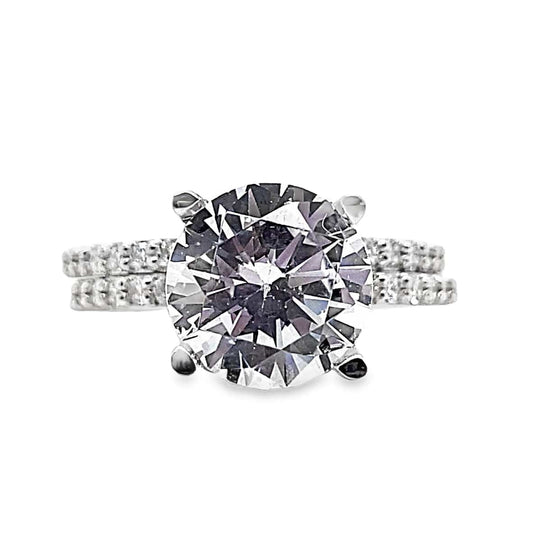14K WHITE GOLD  CZ CENTER (9 MM RBC) .38CT TW NATURAL DIAMOND ACCENTS WITH A MATCHING .44CT TW NATURAL DIAMOND ACCENT BAND