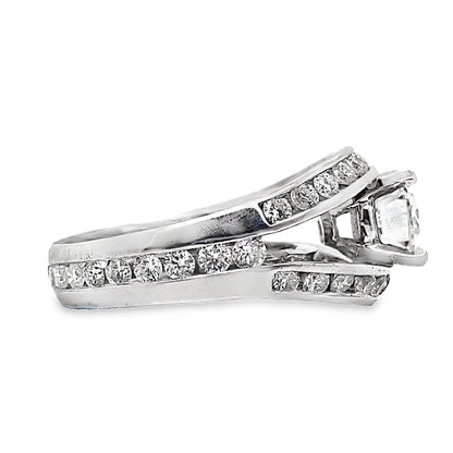 14K WHITE GOLD 6.5 MM ROUND BRILLIANT MOISSANITE CENTER 1.65 CT TW NATURAL ROUND BRILLIANT DIAMOND ACCENT RING