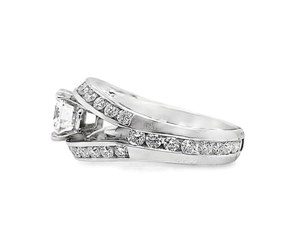 14K WHITE GOLD 6.5 MM ROUND BRILLIANT MOISSANITE CENTER 1.65 CT TW NATURAL ROUND BRILLIANT DIAMOND ACCENT RING