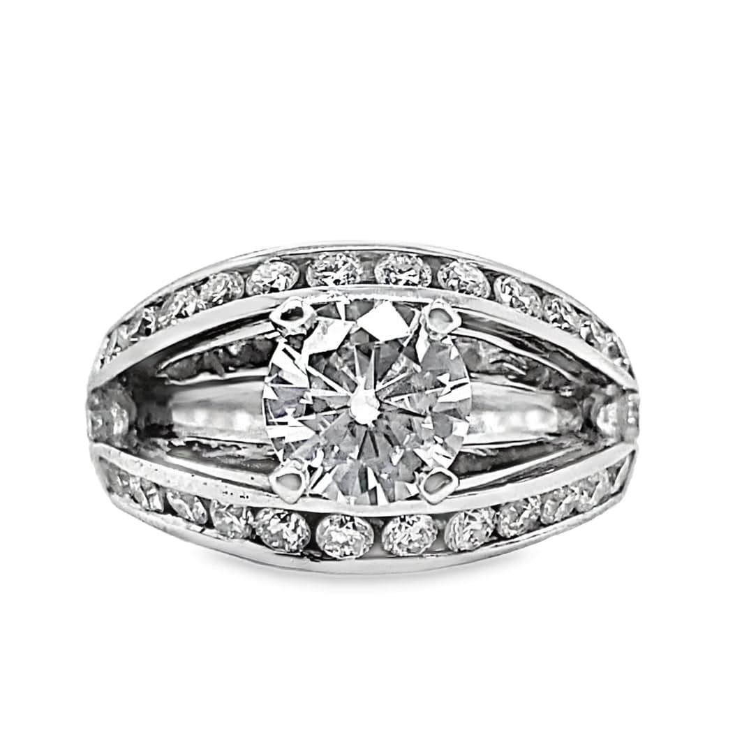 14K WHITE GOLD 6.5 MM ROUND BRILLIANT MOISSANITE CENTER 1.65 CT TW NATURAL ROUND BRILLIANT DIAMOND ACCENT RING