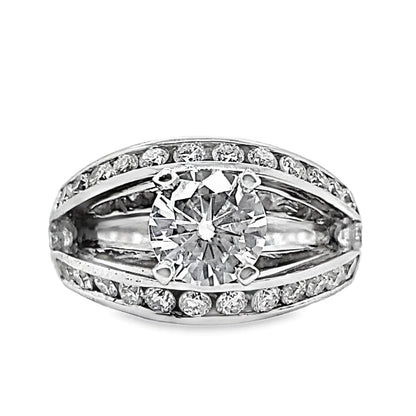 14K WHITE GOLD 6.5 MM ROUND BRILLIANT MOISSANITE CENTER 1.65 CT TW NATURAL ROUND BRILLIANT DIAMOND ACCENT RING