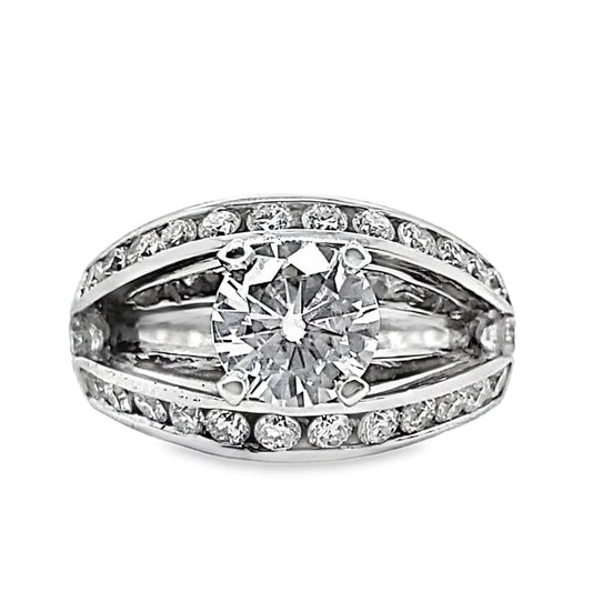 14K WHITE GOLD 6.5 MM ROUND BRILLIANT MOISSANITE CENTER 1.65 CT TW NATURAL ROUND BRILLIANT DIAMOND ACCENT RING