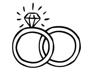 Black and white illustration of two interlocking rings with a diamond.